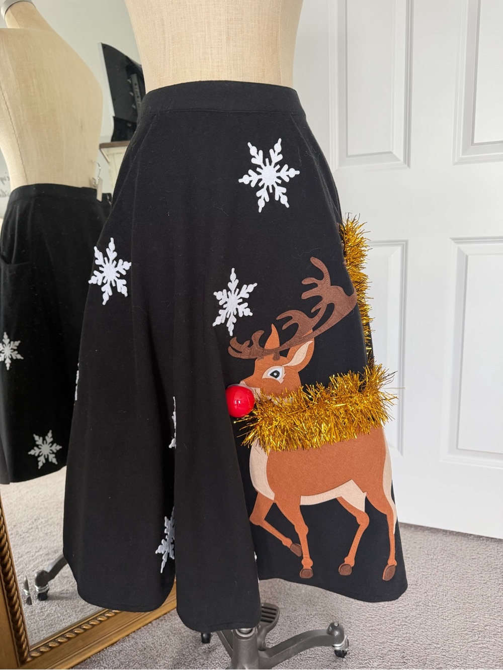 Unique Vintage Black Reindeer A-Line Skirt with Gold Tinsel